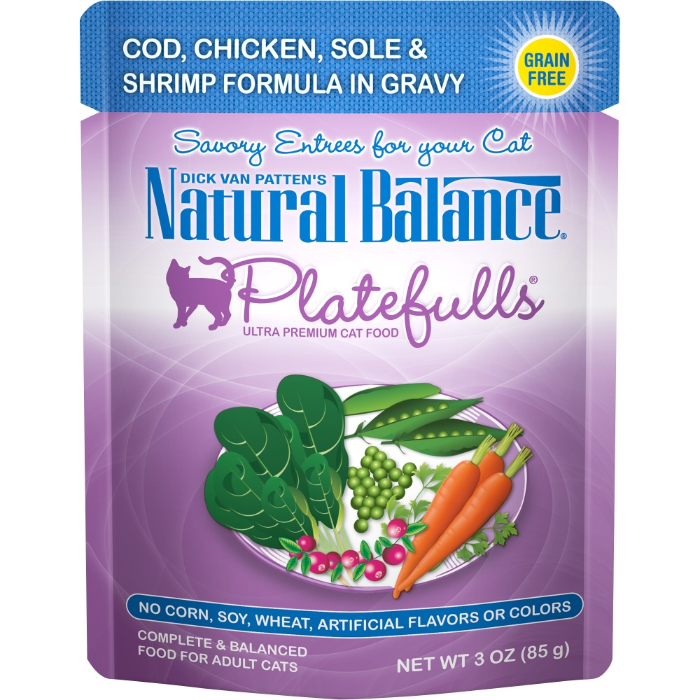 Natural Balance Platefulls Regular Grain Free Cod Chicken Sole & Shrimp in Gravy Pouch Wet Cat Food - 3 oz, case of 24 Image