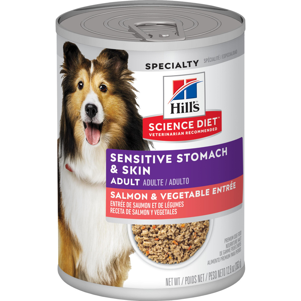 Hill's Science Diet Adult Sensitive Stomach  Skin Salmon  Vegetable Entree Canned Dog Food - 12.8 oz, two cases of 12 Image