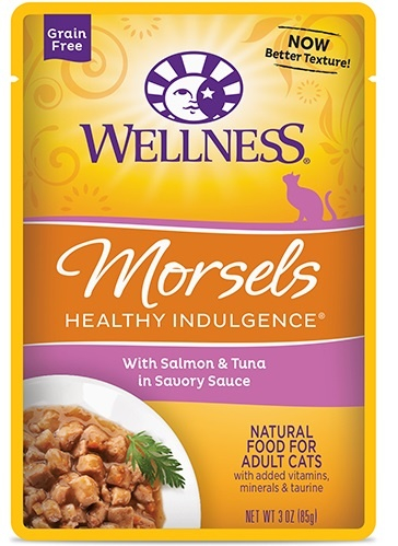 Wellness Healthy Indulgence Natural Grain Free Morsels with Salmon & Tuna in Savory Sauce Cat Food Pouch - 3 oz, case of 24 Image