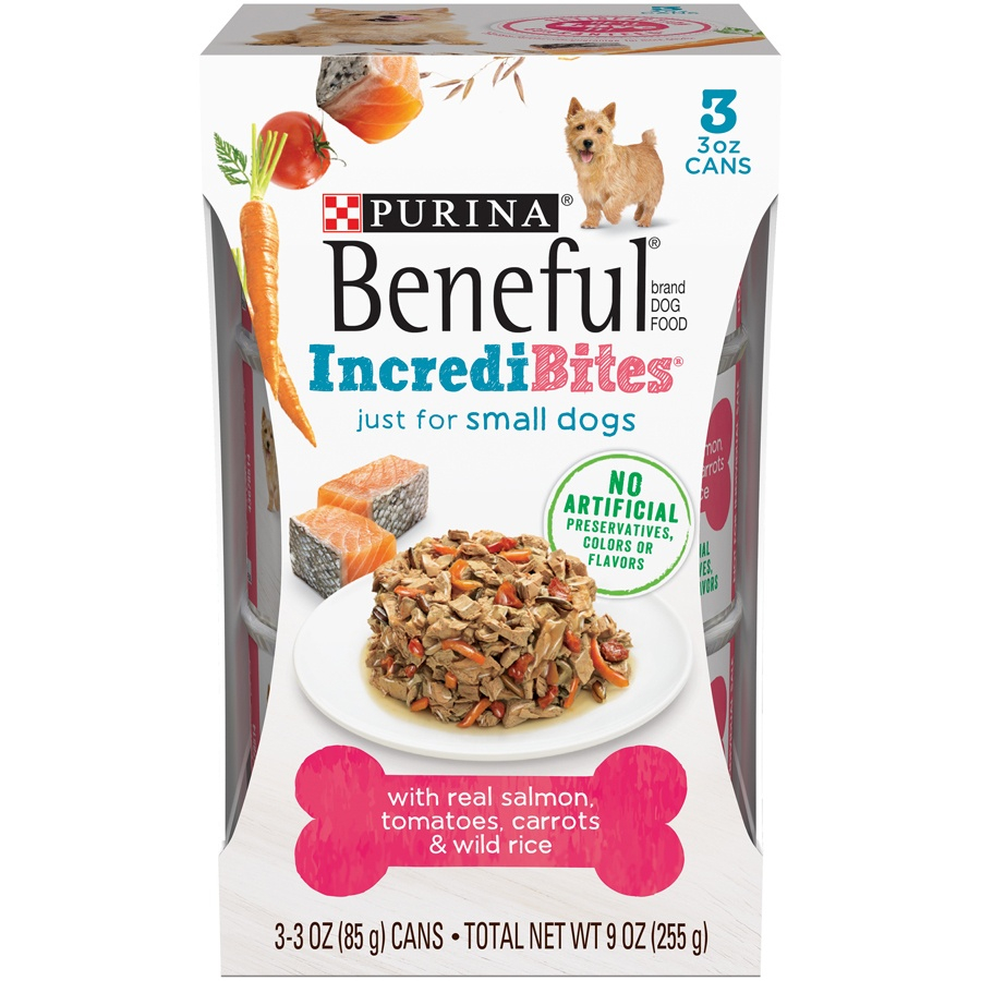 Beneful IncrediBites for Small Dogs with Salmon, Tomatoes, Carrots  Wild Rice Canned Dog Food - 3 oz, case of 3 Image
