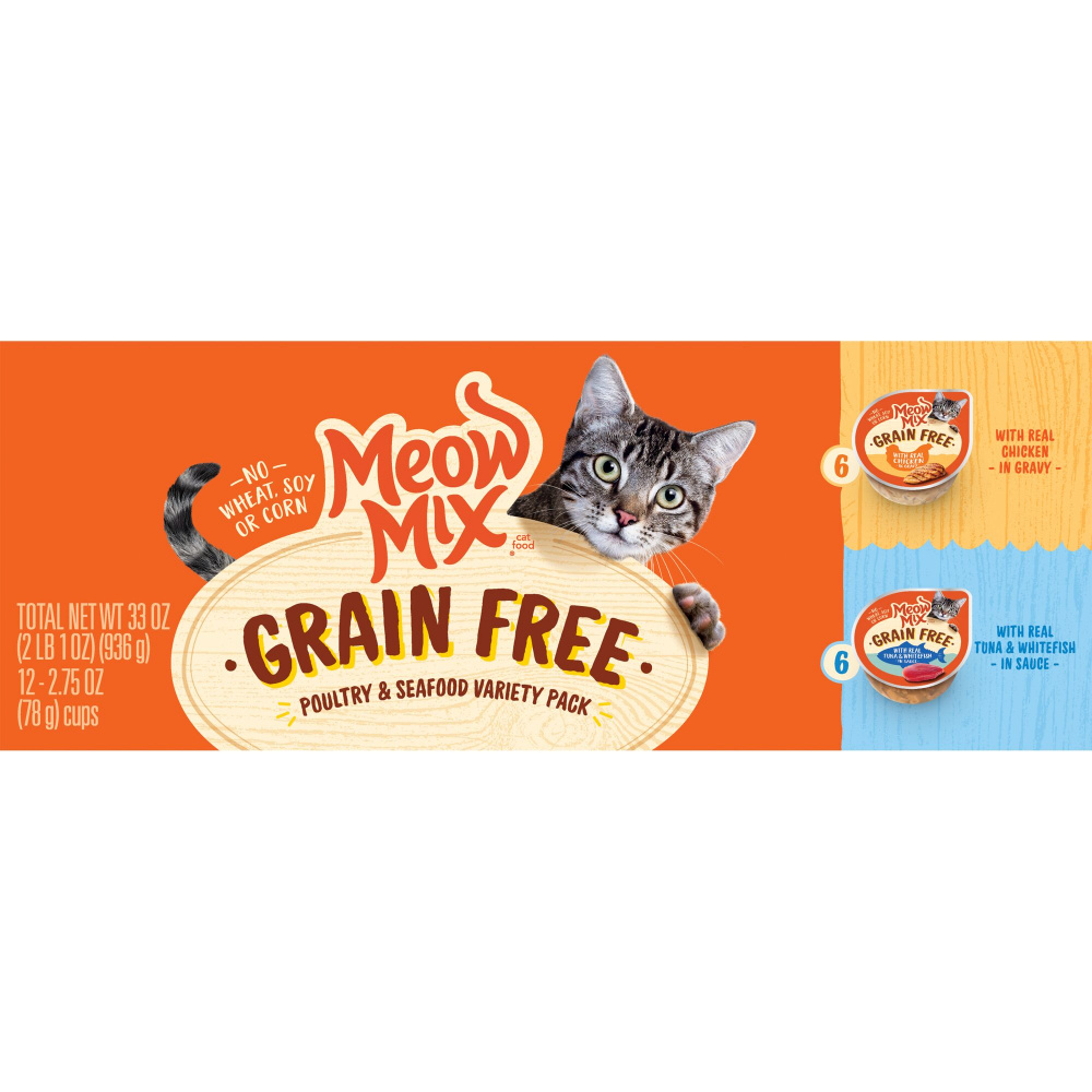 Meow Mix Grain Free Poultry  Seafood Variety Pack with Real Chicken, Tuna,  Whitefish in Sauce Wet Cat Food - 2.75 oz, case of 12 Image