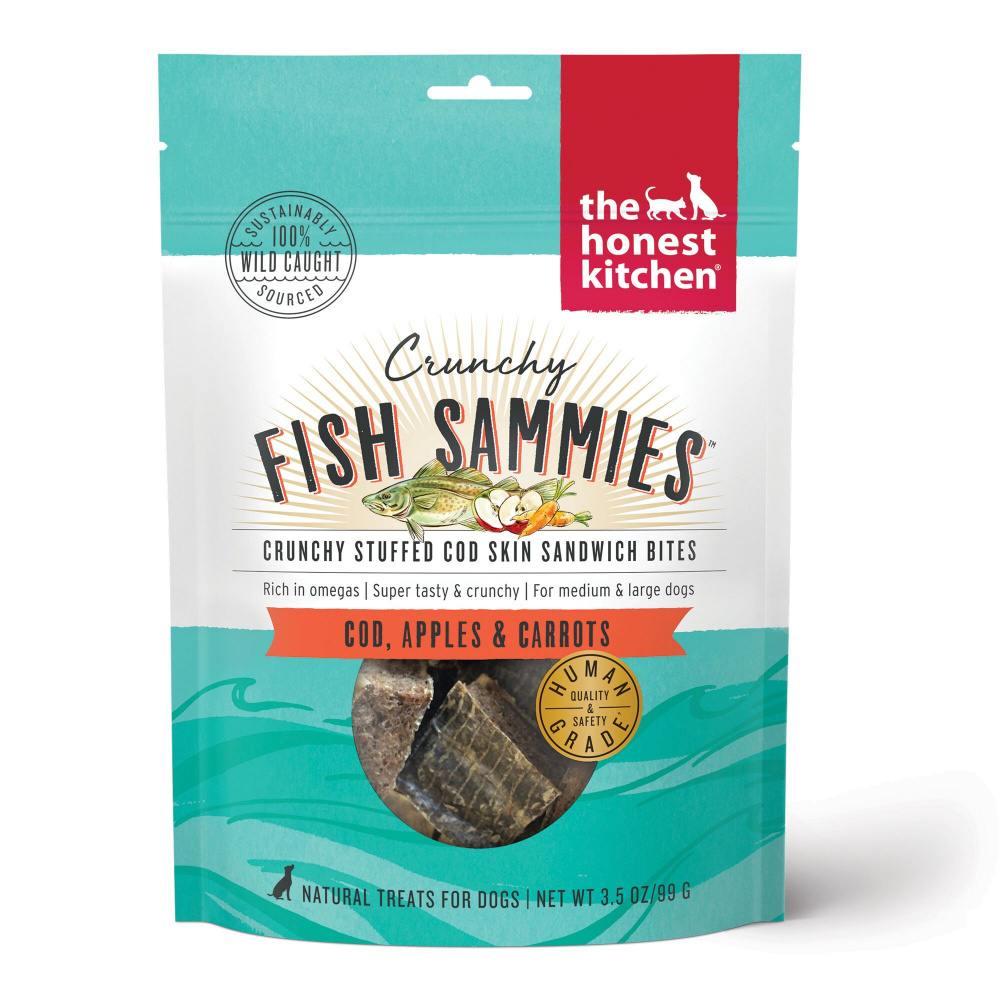 The Honest Kitchen Crunchy Fish Sammies Cod Stuffed with Carrots  Apples for Medium  Large Dogs Natural Dog Treats - 3.5 oz Image