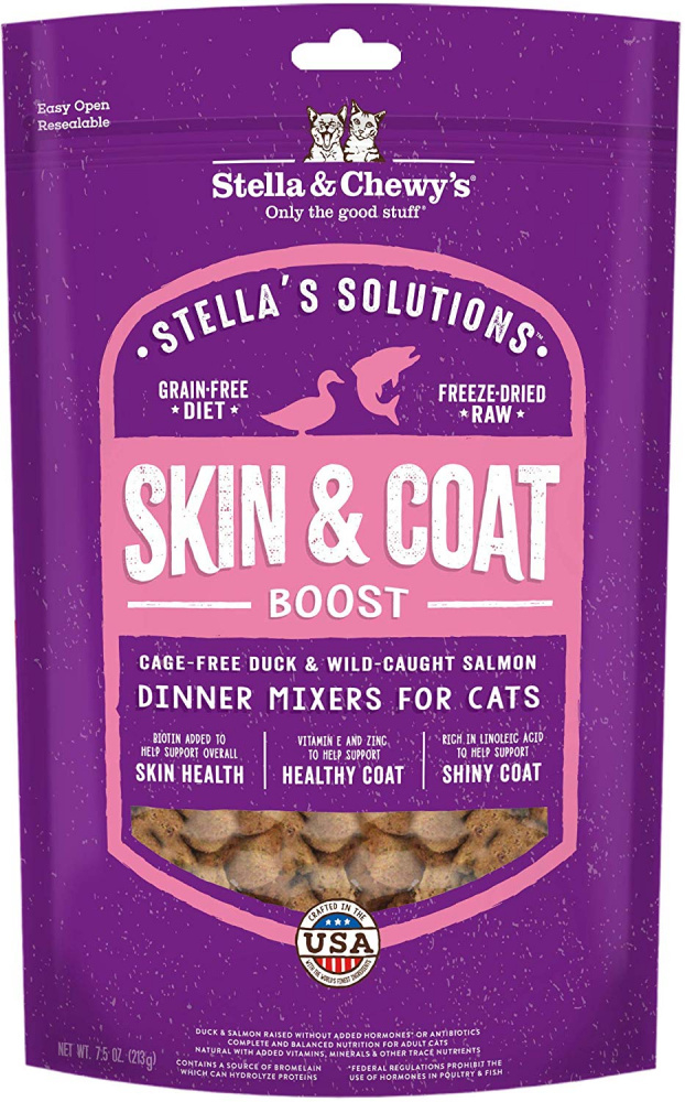 Stella  Chewy's Solutions Skin  Coat Boost Cage Free Duck  Wild Caught Salmon Cat Food Dinner Mixers - 7.5 oz Image