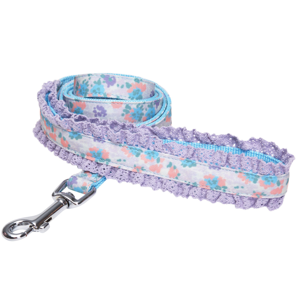 Blueberry Pet Durable Made Well Lovely Floral Print Dog Leash with Lace in Lavender - Small, Length 5', Width 5/8