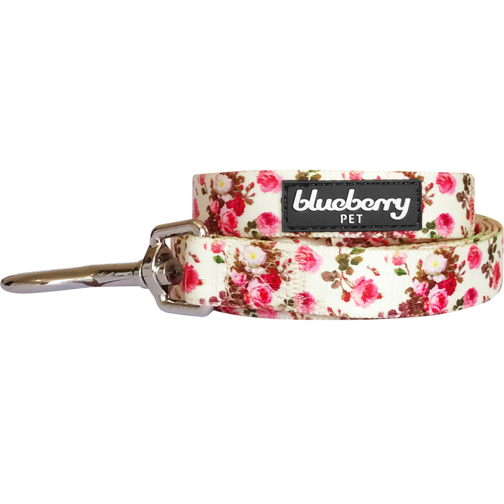 Blueberry Pet Durable Scent Inspired Pink Rose Print Ivory Dog Leash - Length 5', Width 5/8