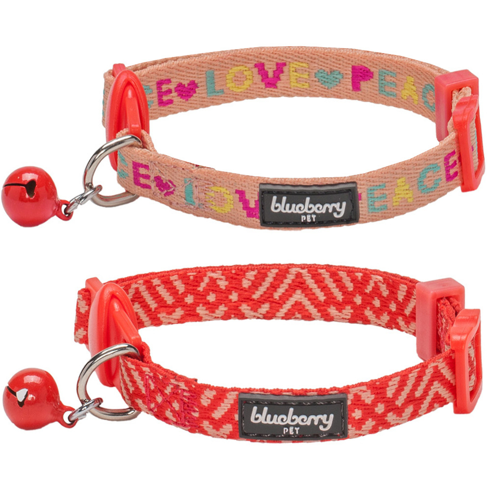 Blueberry Pet Love Peace Theme & Salmon Pink Geometry Adjustable Breakaway Cat Collar with Bell, 2 pack - 2 Pack, Neck 9