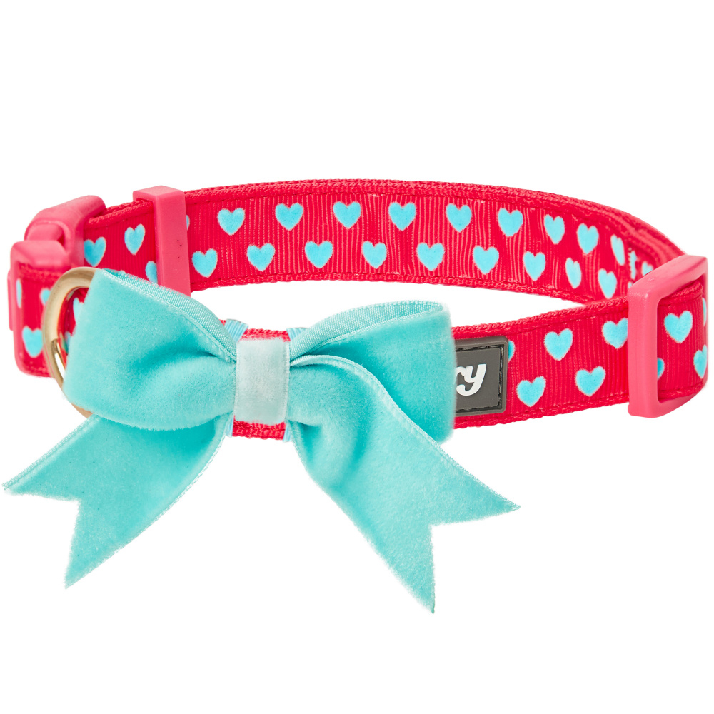 Blueberry Pet Heart Flocking Adjustable Dog Collar, Lust Red with Detachable Velvety Bowtie - Medium, Neck 14.5