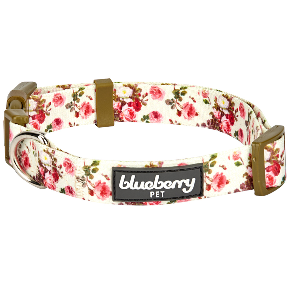 Blueberry Pet Spring Scent Inspired Pink Rose Print Ivory Adjustable Collar - Neck 14.5
