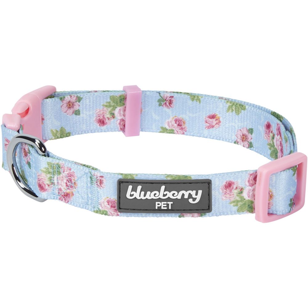 Blueberry Pet Spring Scent Inspired Rose Blossom Floral Print Pastel Blue Adjustable Collar for Puppies & Small Dogs - Neck 14.5