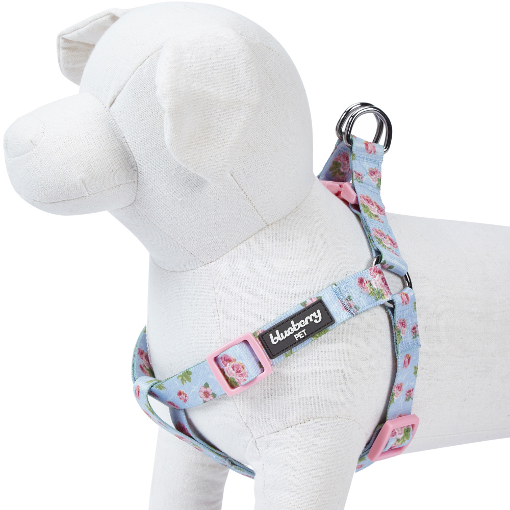 Blueberry Pet Step-in Spring Scent Inspired Rose Blossom Floral Print Pastel Blue Dog Adjustable Harness - Chest Girth 16.5-21.5