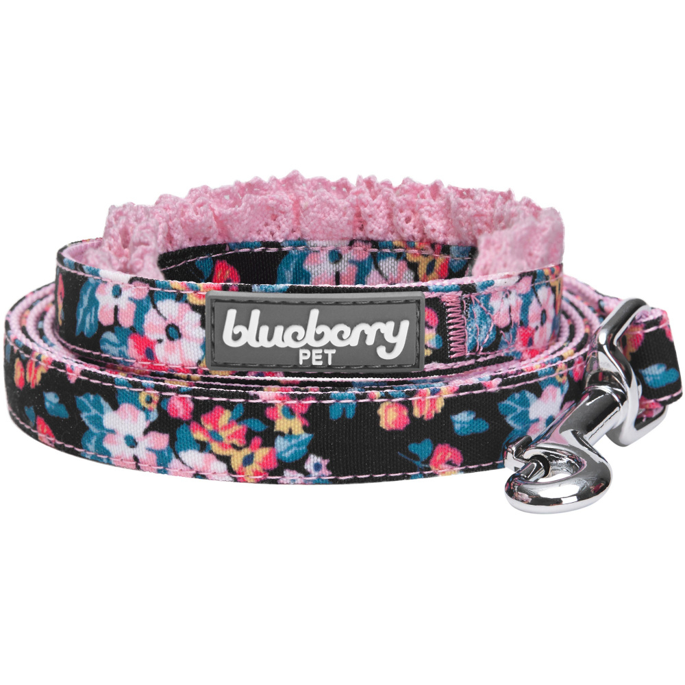 Blueberry Pet Durable Elegant Floral Print Dog Leash with Lace in Sleek Black - Length 5', Width 5/8
