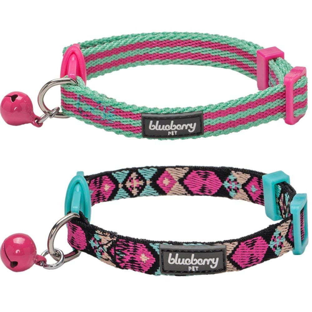 Blueberry Pet Pack of 2 Cat Collars Geometric Design Adjustable Breakaway Cat Collar with Bell - Pack of 2, Neck 9