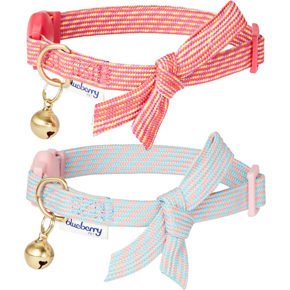 Blueberry Pet Glam Cutie Diagonal Striped Adjustable Breakaway Cat Collar with Bowtie & Bell 2 Pack - 2 Pack, Neck 9