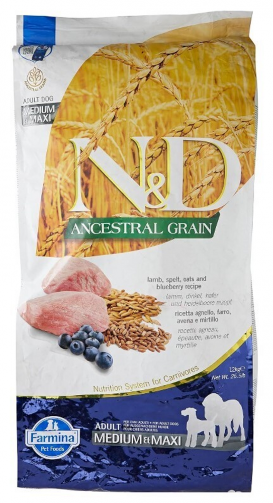 Farmina N D Ancestral Grain Medium Maxi Adult Dry Dog Food Lamb Blueberry 26.4 lbs